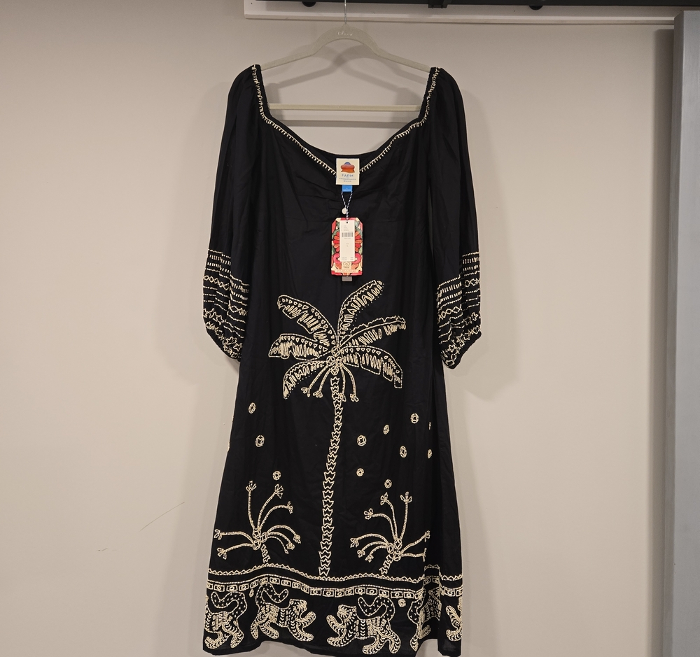 FARM Rio Black Cover-Up Dress with Cream Embroidery